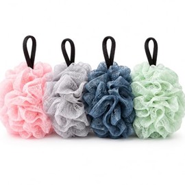 Esponjas de Baño Exfoliantes para Cuerpo, Set de 4 Esponjas de Malla de 10cm para Ducha, Suaves, Espuma Abundante, con Cuerda para Colgar, Colores Sur