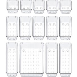 MERATIA 14 PCS Clear Plastic Drawer Organizer Set,4 Sizes Desk Drawer Divider Organizers and Storage Bins for Non-Slip Storage Containers for Makeup, Jewelries, Bedroom，Kitchen Utensils and Office