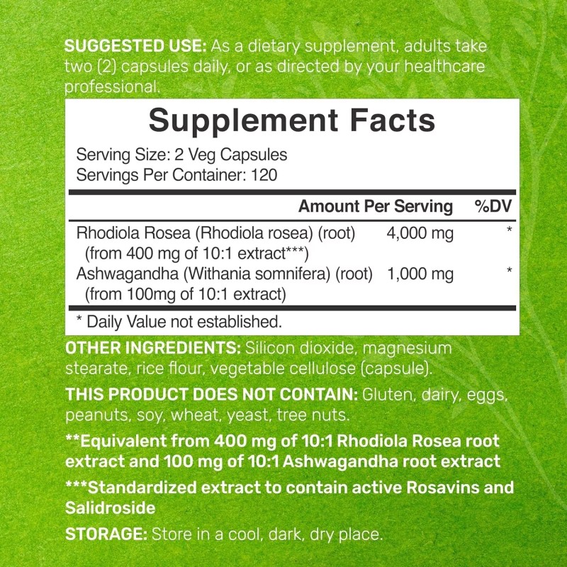 Rhodiola Rosea with Ashwagandha Cápsulas naturales para los nervios la