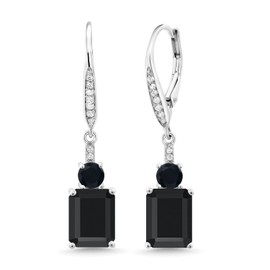 Gem Stone King 4-7 Cttw Gemstone Birthstone and Black Onyx Dangle Earrings for Women | 925 Sterling Silver | Emerald Cut 9X7MM with 4MM Round Accent | Elegant Drop Design | Gift for Her Wife Mom