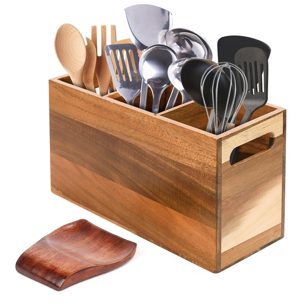 Relaxing Garden Wooden Utensil Holder for Kitchen Counter with Spoon