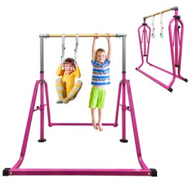 GLANT Gymnastics Bar for Kids with Rings Set, 7 Heights Adjustable Easy Folding Gymnastic Training Bar Kids Monkey Horizontal Bars - Max Load 300LBS (Pink)