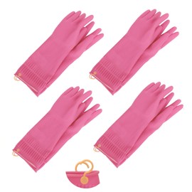 Myungjin Reusable Waterproof Non-Slip Dishwashing Household Cleaning Rubber Gloves with Hang-Dry Hook (4 Pairs/Large)