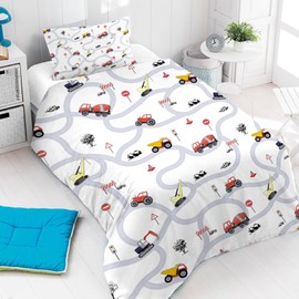 Yasida Cars Children's Bed Linen 120 x 150 cm Boys Tractor Microfibre Bedding with Road Signs and Streets for Boys Teenagers Excavator Bed Linen 120 x 150 cm with Zip + 1 Pillowcase 40 x 60 cm