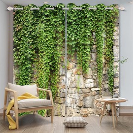Umpoo Green Ivy Leaf Blackout Curtains Leaves Plants Rustic Stone Wall Spring Scenery Curtain for Living Room Bedroom Home Decoration Window Drapes Fabric Set of 2 Panels, 21x45 Inch