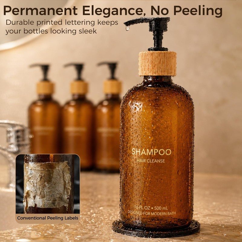 TBWIND 4 Pack 16oz Amber Glass Shampoo Dispenser Set with