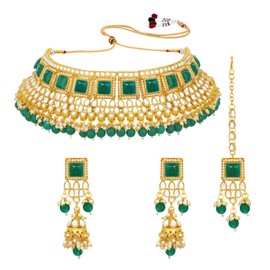 Aheli Gold Plated Kundan Faux Pearl Choker Necklace with Earring Maang Tikka Jewellery Set Gift for Women Green