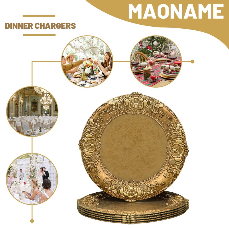 MAONAME 13" Antique Gold Charger Plates, Plate Chargers with Embossed