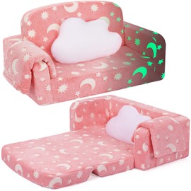 Foryoomi Extra Wide Kids Couch, Kids Sofa, Toddler Sofa Bed, Glow in The Dark, 2-in-1 Soft Toddler Couch with Blanket and Pillow, Lounger, Moon Style, Pink