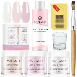 Saviland Long Nail Powder Kit, No U-V / LED Light, 3 Colors, Gel Nails, Set of 6, Nail Extensions, 20 Nails, Beginners, Liquid Set