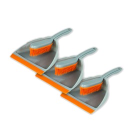 Gravidus Set of 3 Dustpan and Brush with Rubber Bristles, Hand Brush with Rubber Bristles, Dustpan with Rubber Lip, Effectively Removes Hair, Animal Hair and Dirt in Orange / Grey