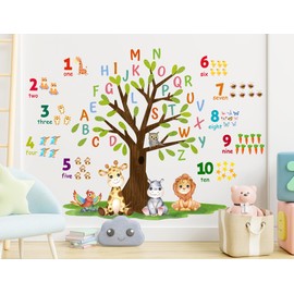 DTLIFEK Woodland Animals Large Tree Wall Decals Colorful Alphabet Numbers Wall Stickers Cartoon Pattern Giraffe Lion Removable Peel and Stick Wallpaper for Kids Baby Bedroom Nursery Home Decoration