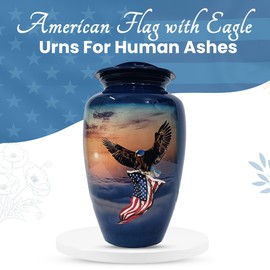 American Flag Cremation Urns for Human Ashes Adult Male & Female, Patriotic Urns for Funeral Burial Memorial, Keepsake Urns for Ashes Adult Large Size Up to 200 Lbs, Blue