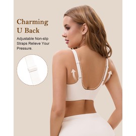 WOWENY Wireless V Lace Bras for Women No Underwire Comfort Push Up Bra Seamless Full Coverage Bralettes Everyday Bras White L