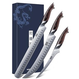 SliceElite Cuchillo de carnicero profesional forjado a mano (juego de cuchillos de carnicero de 3 piezas con asas de madera de arena)