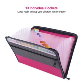 MEGREZ A4 Paper File Folder with 13 Pockets, Accordion File Folder with Zipper File Folder Organizer for Office, Waterproof Expanding File Folder with Tabs, Pink & Blue(2 Packs)