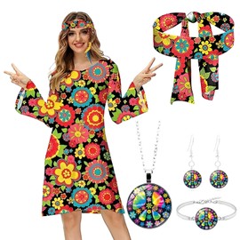 Matreeglam Hippie Costume Set for Women, Retro Clothing Women with Dress, Headband, Sunglasses, Hair Accessories, 60s 70s Party for Carnival, Cosplay Fancy Dress Costumes (Black, XL)