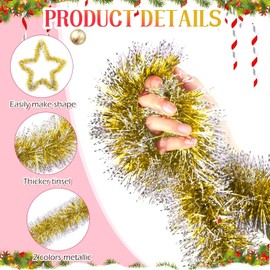 LATERN 10 m Christmas Tinsel Garland, Gold Colour Metallic Tinsel, Coarse Glitter Tinsel, Thick Shiny Garland with Frost Tip for Christmas Tree, Winter, Wedding, Holiday, Party Decoration