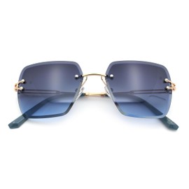 Womens Rimless Oversized Rectangle Designer Fashion Metal Rim Sunglasses Gold Blue - Blue Smoke