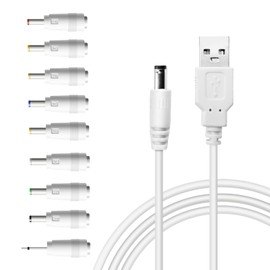 USB to DC 5V Power Cable with 9 Interchangeable Tips, Universal Charging Cord 5.5x2.1mm Adapter for LED Strip, Moon Lamp, Mini Fan, Bluetooth Speaker, Router, Smart Devices – White