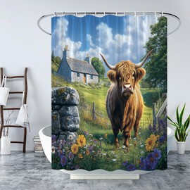 Farmhouse Cow Shower Curtain Brown Highland Cow Stone House Cattle Bull Rustic Spring Colorful Floral Plant Grassland Wildflower Fence Country Western Animal Fabric Bathroom Curtain with Hook