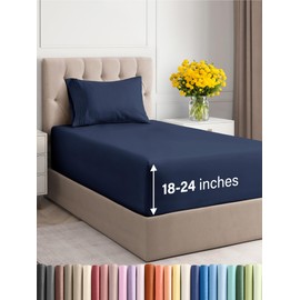 Extra Deep Pocket Twin XL Sheets - 3 Piece Breathable & Cooling Bed Sheets - Hotel Luxury Bed Sheet Set - Soft, Wrinkle Free & Comfy - Easily Fits Extra Deep Mattresses - Deep Pocket Navy Blue Sheets