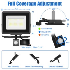 Probapro 50 W LED Spotlight with Motion Sensor Outdoor, IP65 Waterproof, 6500 K Cool White, Removable Sensor - Super Bright Floodlight for Garden, Garage, Yard and Wall