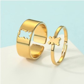 Chereda 2PCS Matching Cute Animals Promise Engagement Rings Lovers Gift for Couples Boyfriend Jewelry 316L Stainless Steel Adjustable Open Ring (Bear-1g, Adjustable)
