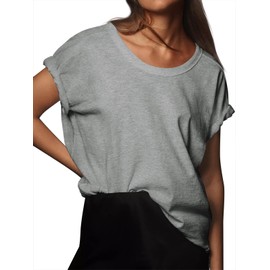 Tankaneo Womens Oversized Short Sleeve T Shirts Summer Casual Crew Neck Tunic Tops Loose Fit Basic Side Split Tees Grey