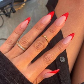MISUD Press on Nails - Medium Almond Glue on Nails with Red French Tip, Acrylic Stiletto Design 24 pcs