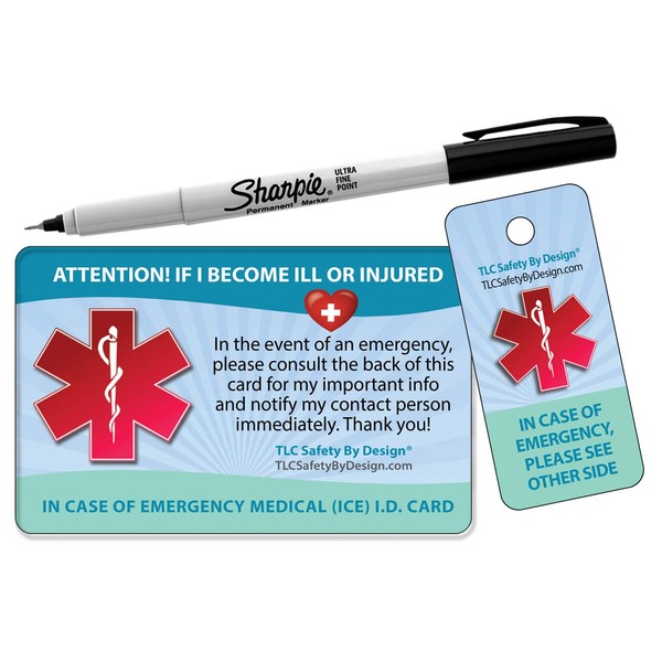 Medical ICE Alert in Case of Emergency I.D. Identification Plastic Wallet Card and Keytag with Emergency Contact Call Card (Qty. 1 w/Sharpie from TLC)
