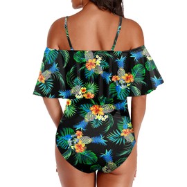 Holipick Green Floral Women Strapless One Piece Swimsuits Tummy Control Bathing Suit Ruffle Off Shoulder Swimwear with Sleeves Small