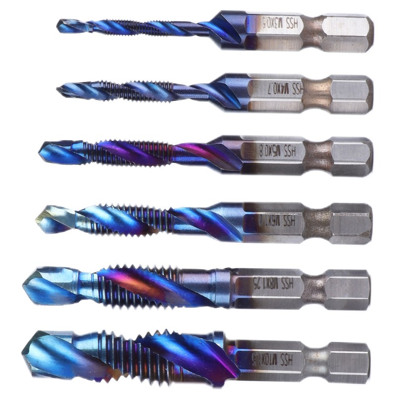 6pcs Spiral Tap Drill Bit Set Blue Plating Coating Hex
