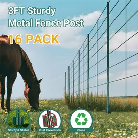 Toriexon Fence Post 3 FT - 10 Packs, Metal Heavy Duty U Posts, Powder-Coated for Long-Lasting Use, Perfect for Holding Wire &Plastic Mesh, Corner Anchors, Green