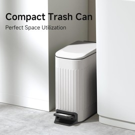 TIPGO Slim Bathroom Trash Can with Lid Soft Close, Step Pedal, 6 Liter / 1.6 Gallon Stainless Steel Trash Bin, Small Garbage Cans for Bedroom, Office, Kitchen (White)