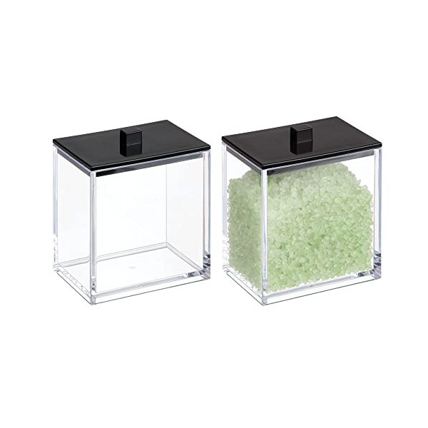 mDesign Plastic Square Apothecary Jar Storage Organizer Holder for Bathroom Vanity Countertop Shelf Decor - Cotton Swabs, Soap, Makeup, Bath Salts - Lumiere Collection - 2 Pack - Clear/Black