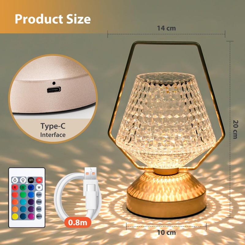 Aigostar LED Crystal Table Lamp, 16 Colours, 4 Modes, Rose