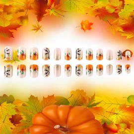 Thanksgiving Press on Nails Short Square Pumpkin Gold Glitter Sequins Desaign Thanksgiving Artificial False Nail Full Cover Glossy Autumn Acrylic Fingernails 24Pcs Fall Nail Glue on for Women Manicure