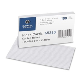 Business Source Products - Index Cards, Ruled, 90lb., 5"x8", 100/PK, White - Sold as 1 PK - Ruled index cards make note-taking easy and simple. Cards are rotary-cut for uniform height and ruled on one side only for versatile note-taking space. Each card 