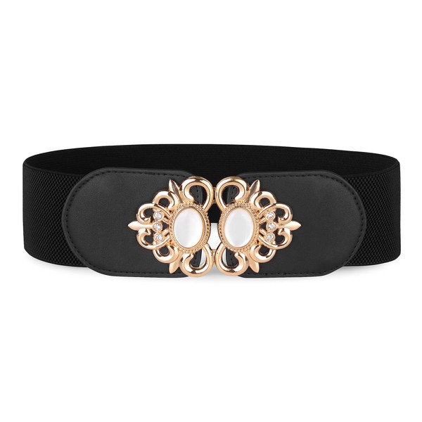 BlackButterfly Stretchy Vintage Wide Waspie Elastic Pearl Buckle Waist Belt,