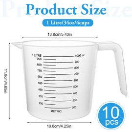 Akamino 10 PCS Plastic Measuring Jugs, 1 Litre Clear Plastic Measuring Cup with Handle for Kitchen, Reusable Measuring Jug with Measuring Scale & Easy Pour for Cooking Baking