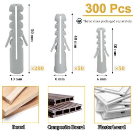 300 Pcs Wall Plugs Set, All in One Multi Purpose raw Plugs, 6 8 10 mm Assorted Size Expansion Raw Plugs, Masonry Expansion Wall Plugs for Plasterboard Fixings