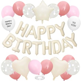 Dusty Pink Birthday Decorations for Men Women Kids,White Sand Cream Happy Birthday Banner Balloons Heart Star Foil Clear White Polka Dot Balloons for Baby Shower Party Decorations