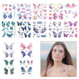 14 Sheets Temporary Tattoo, Glitter Butterfly Décolleté Tattoos Waterproof Butterfly Face Gold Tattoo Stickers for Women and Girls Festival Party Eyes Face Make Up