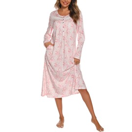 YOZLY Nightgowns for Women Cotton Long Sleeve Night Gwon Ladies House Dress Floral Pink, Large