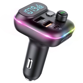 Robot VR - Transmisor FM Bluetooth mejorado para coche, adaptador inalámbrico Bluetooth 5.0 FM para coche con puertos USB duales, compatible con cargador rápido PD+QC3.0, micrófono más fuerte, retroiluminación LED de 7 colores