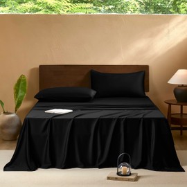 EVERLY King Sheets Set,Luxuriously 400 Thread Count Organic Rayon Derived from Bamboo Bed Sheet Set,Cooling Sheets for King Size 4 Piece Deep Pockets Bedding Sheets& Pillowcases-Black