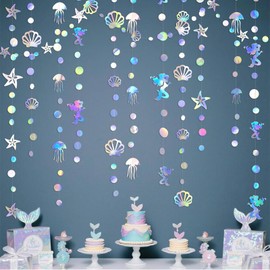 YACHUN Garland, Mermaid, Starfish, Shells, Jellyfish, Party Paper Banner, Set of 4, Approximately 49.7 ft (16 m) Long, Undersea Party, Sparkling, Birthday Decoration, Wedding Decoration, Hanging