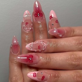 YoYoee 24-Piece Short Almond Press on Nails - Lipstick Bow Tie French False Nails | Pearl Full Cover Fake Nails for Women Elegant & Durable Artificial Nails for Instant Manicure