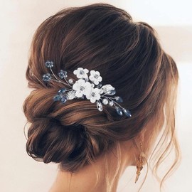 Earent Bride Wedding Flower Hair Comb Blue Crystal Hair Piece Bridal Hair Accessories Wedding Leaf Side Combs for Women
